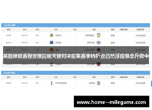 英超保级赛程警报拉响关键对决密集赛季转折点已然浮现悬念升级中 英超保级赛程警报拉响关键对决密集赛季转折点已然浮现悬念升级中