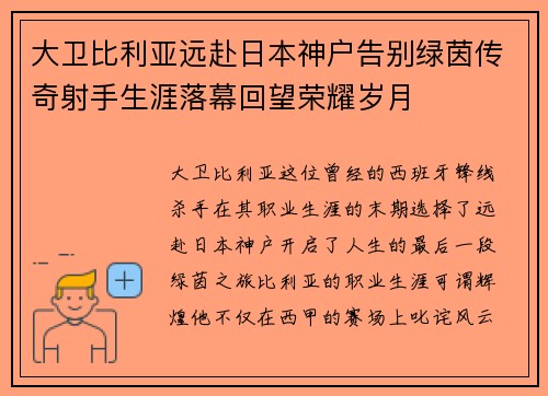 大卫比利亚远赴日本神户告别绿茵传奇射手生涯落幕回望荣耀岁月 大卫比利亚远赴日本神户告别绿茵传奇射手生涯落幕回望荣耀岁月